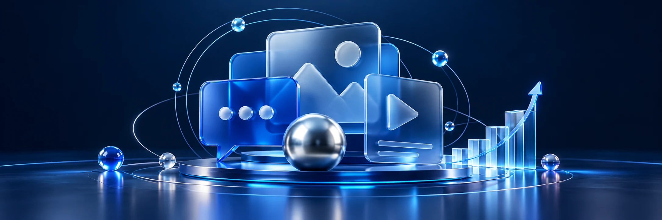 Blue glass communication panels and growth steps representing purposeful social media marketing