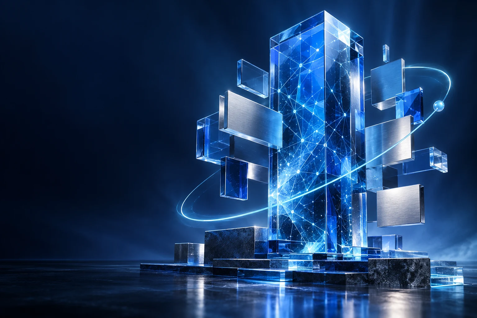Sculptural blue glass architecture with connected light paths, representing digital growth and secure technology