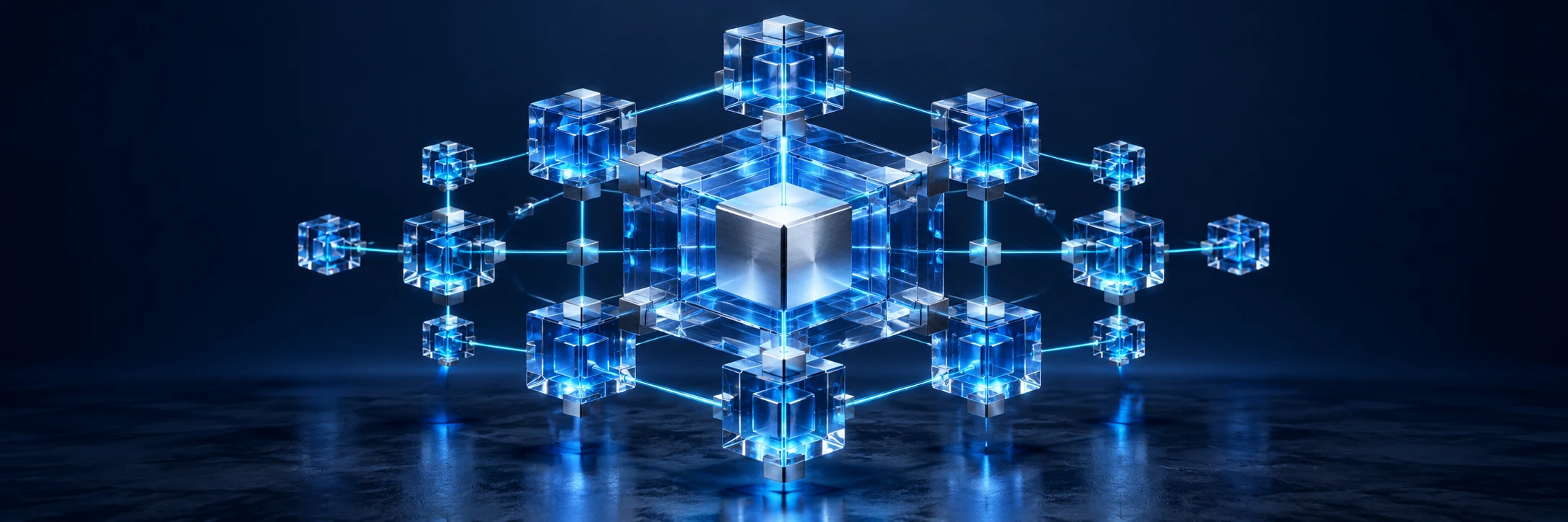 Connected glass cubes around a protected core representing blockchain security research